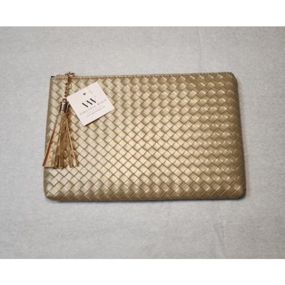 Virginia Wolf Mimi Curateur Woven Clutch Metallic Gold with Tassel Detail New